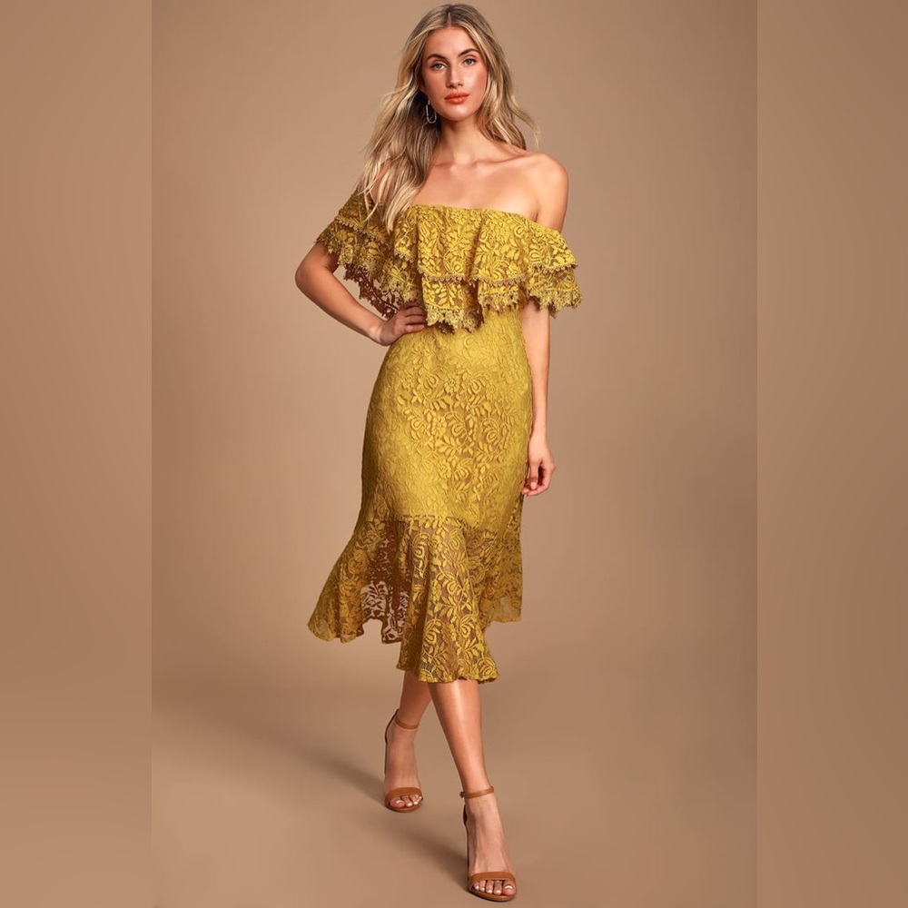 Jaclyn Golden Yellow Lace Off-the-Shoulder Midi Dress
Lulus